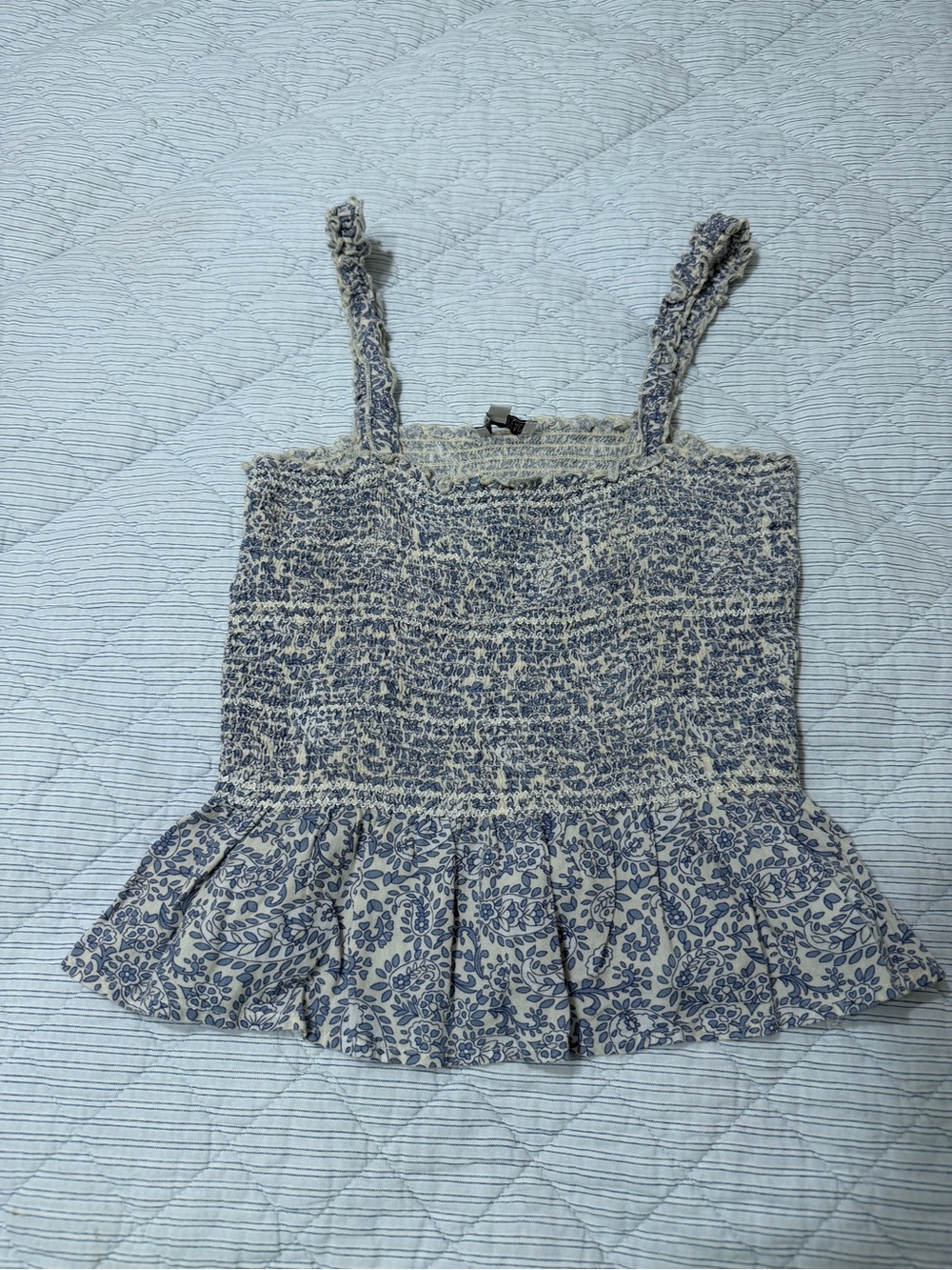 Patrons of Peace Blue and Cream Floral Smocked Peplum Tank